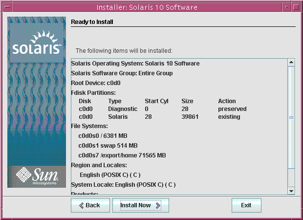 This screen capture shows the Ready to Install screen. The screen lists the configuration information that was entered during the installation.