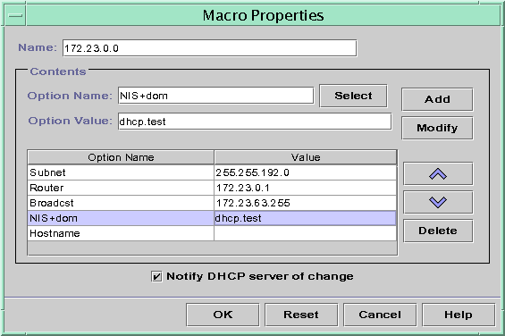 Dialog box shows list of options and their values. Shows Select, Add, Modify, up and down, and Delete buttons. Shows check box to notify server.