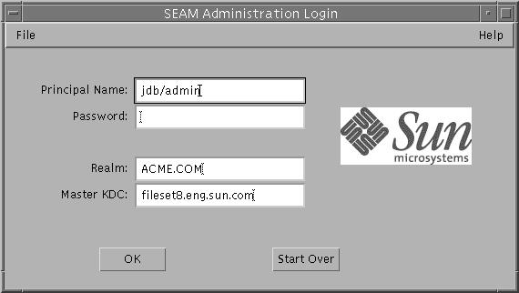 Dialog box titled SEAM Administration Login shows four fields for Principal Name, Password, Realm, and Master KDC. Shows OK and Start Over buttons.