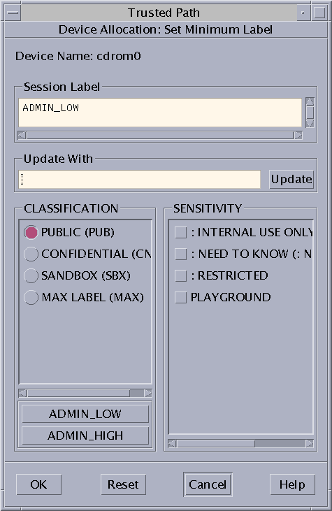 Label builder titled Device Allocation Set Minimum Label shows the labels that can be chosen as the minimum label for a device.