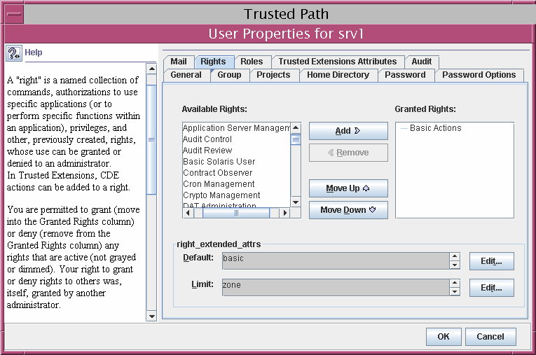 Dialog box shows the contents of the Rights tab for a regular user.